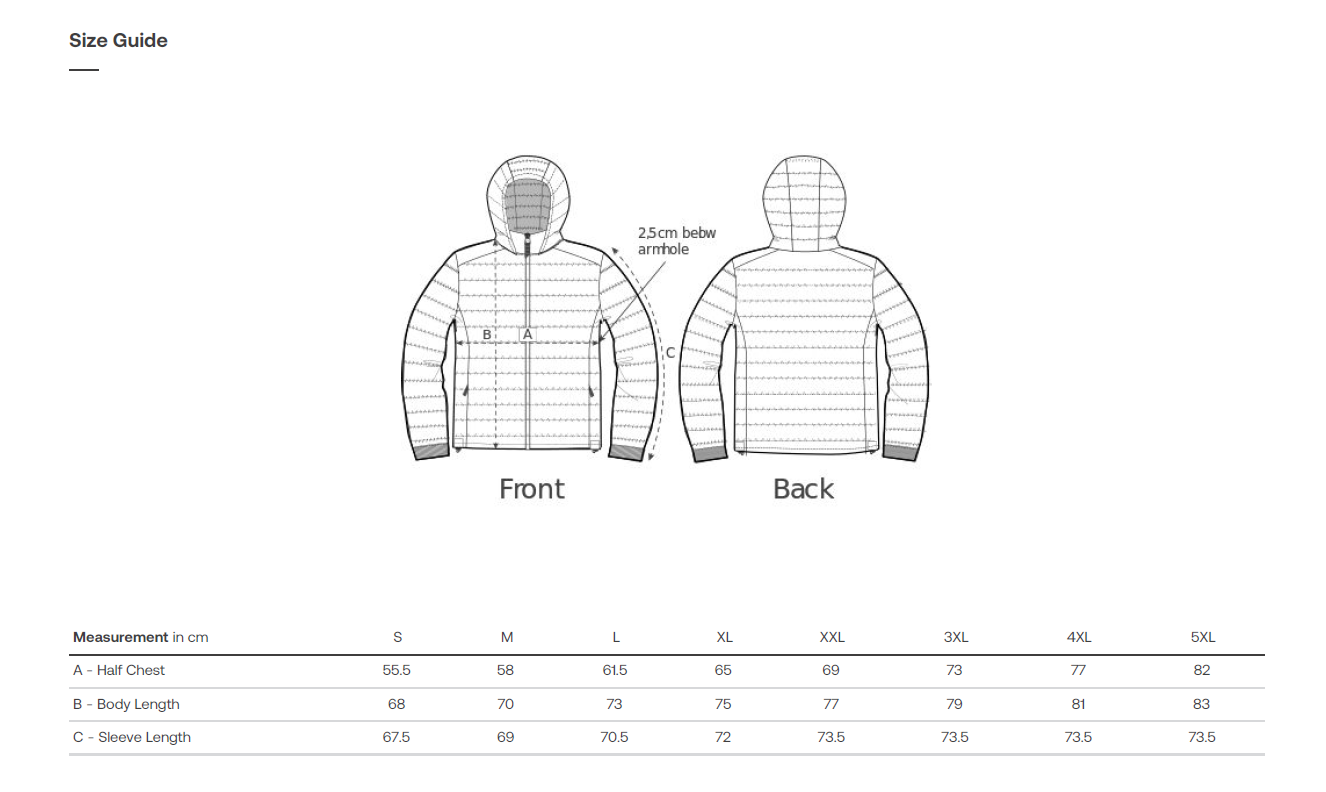 Size Chart for Stanley Voyager Jacket