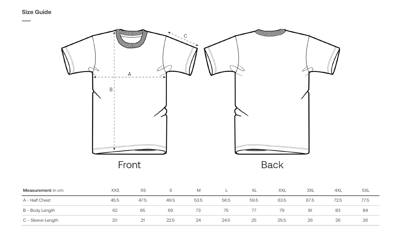 Size Chart for T Shirt - Creator