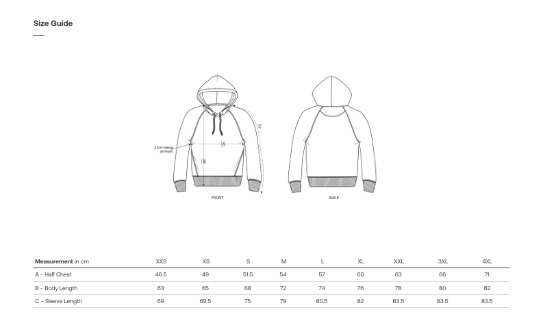 Size Chart for Hoodie - Sider