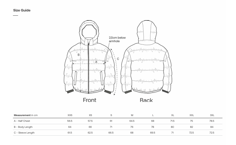 Size Chart for Puffer Jacket