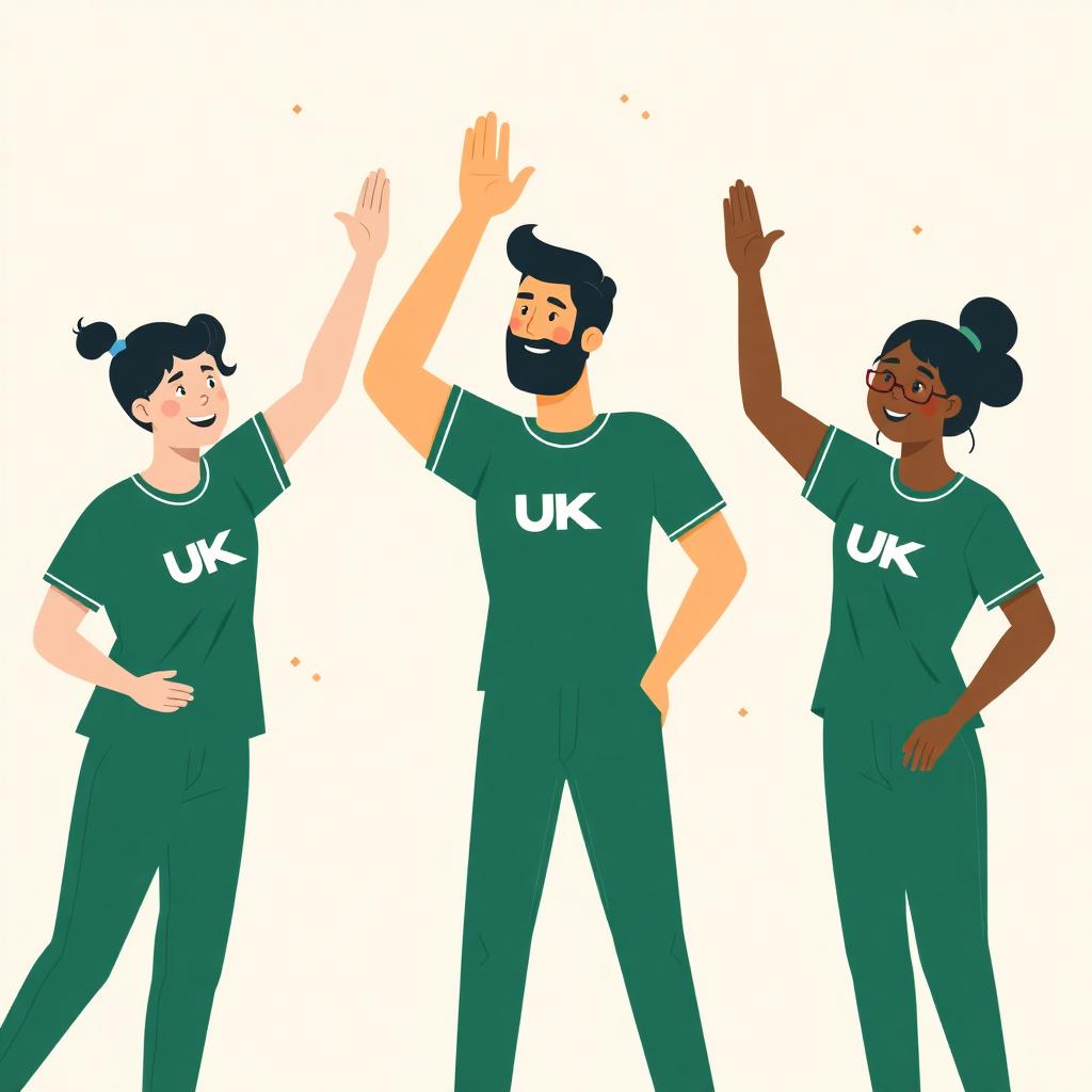Diverse UK business team celebrating in matching custom branded t-shirts