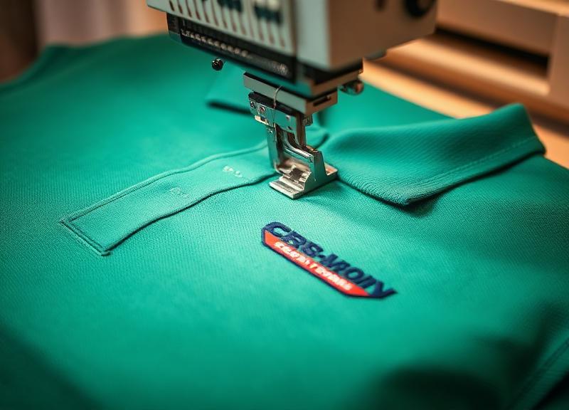 Embroidery machine stitching a logo on a polo shirt